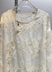 Chinese Style White O Neck Jacquard Cotton Tops Fall