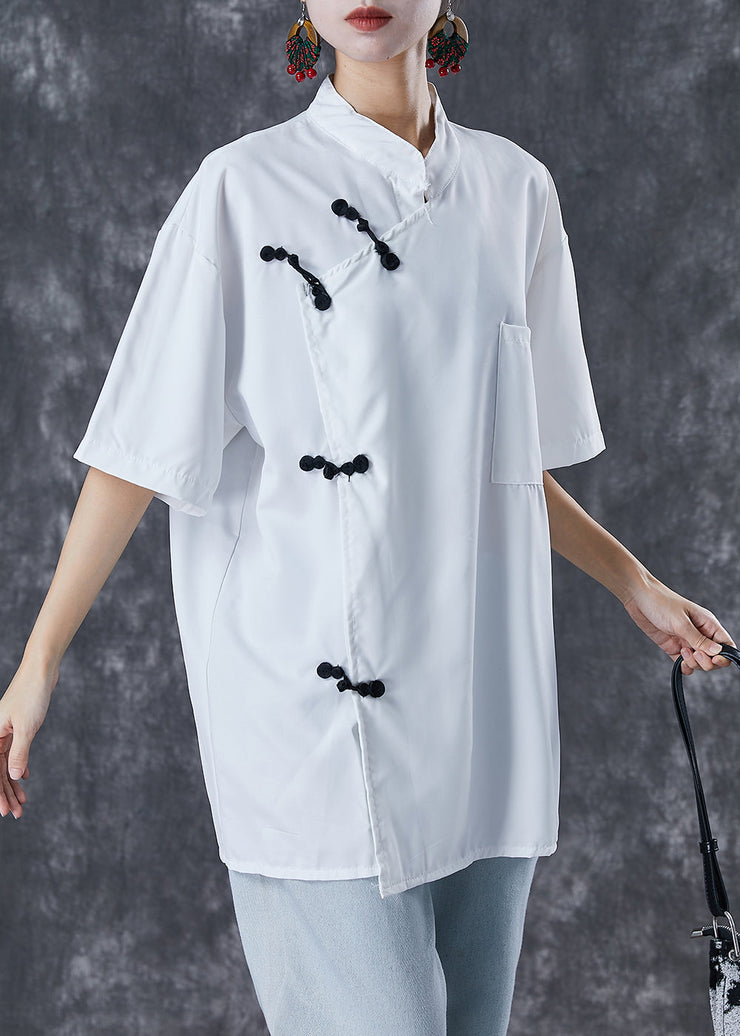 Chinese Style White Oversized Cotton Shirt Top Short Sleeve