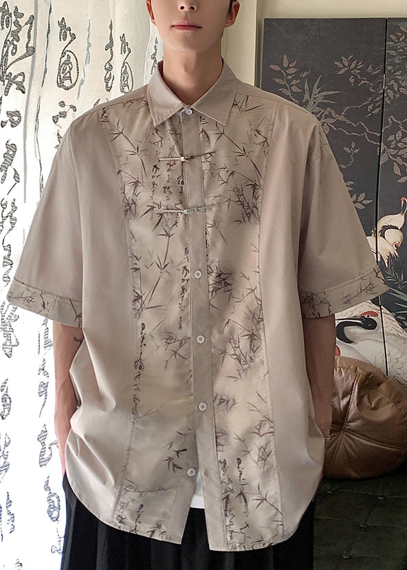 Chinese Style White Peter Pan Collar Print Ice Silk Shirt Men Summer