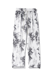 Chinese Style White Pockets Print Ice Silk Mens Pants Summer