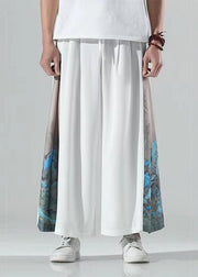 Chinese Style White Print Patchwork Ice Silk Wide Leg Pants Men Summer