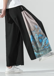 Chinese Style White Print Patchwork Ice Silk Wide Leg Pants Men Summer