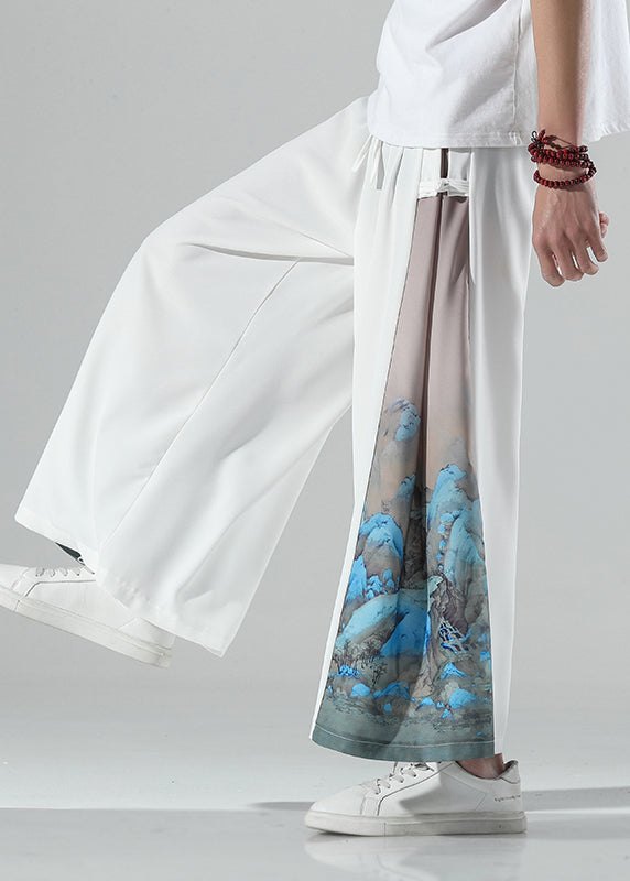 Chinese Style White Print Patchwork Ice Silk Wide Leg Pants Men Summer