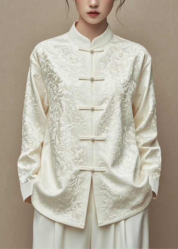 Chinese Style White Stand Collar Button Coats Fall