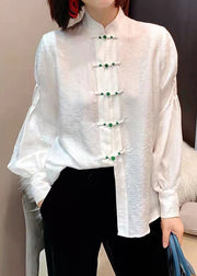 Chinese Style white flowers and birds Stand Collar Button Jacquard Silk Blouse Tops lantern sleeve