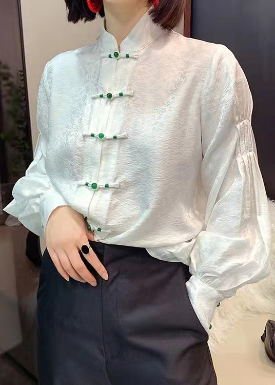 Chinese Style white flowers and birds Stand Collar Button Jacquard Silk Blouse Tops lantern sleeve