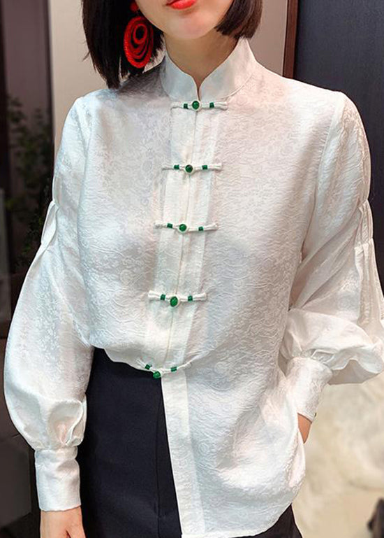 Chinese Style white flowers and birds Stand Collar Button Jacquard Silk Blouse Tops lantern sleeve