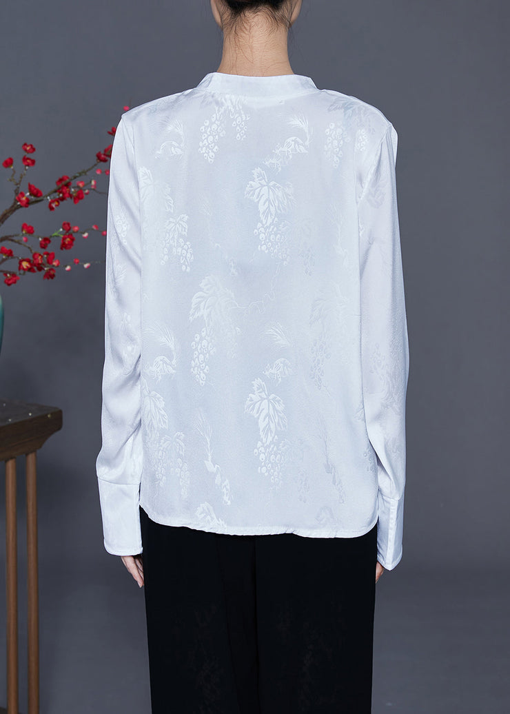 Chinese Style White Stand Collar Chinese Button Silk Blouse Top Spring