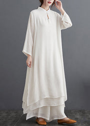 Chinese Style White Stand Collar Linen 2 Piece Outfit Spring Summer