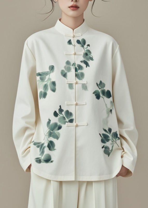 Chinese Style White Stand Collar Print Coats Fall