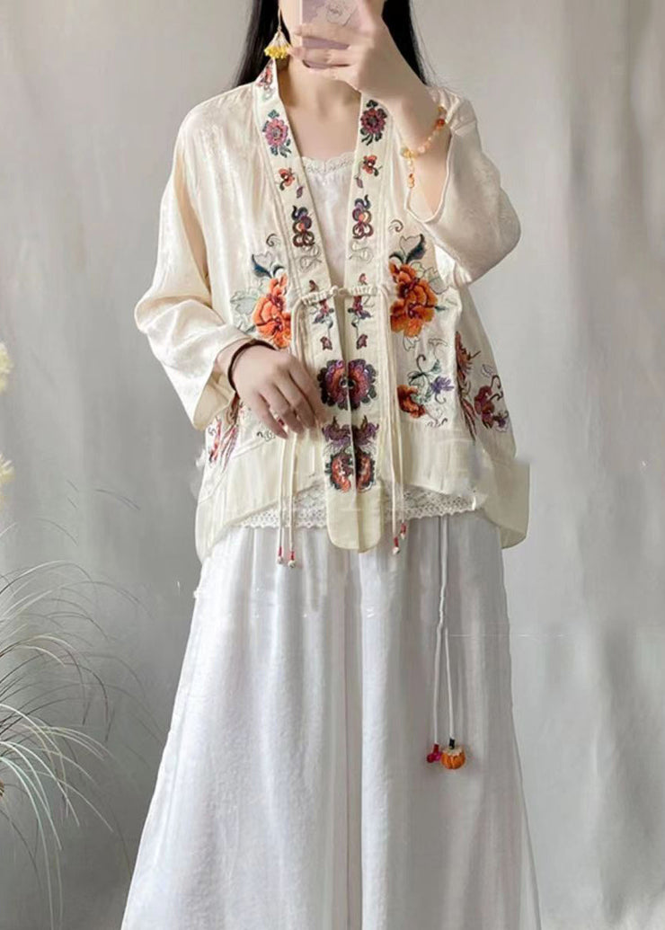 Chinese Style White Tasseled Embroideried Linen Silk Cardigans Spring