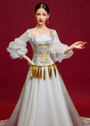 Chinese Style White Tasseled Embroidery Dress Puff Sleeve