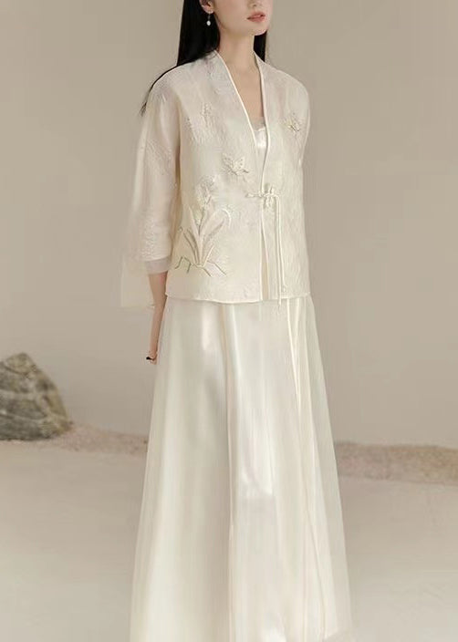 Chinese Style White V Neck Embroidered Tasseled Silk Two Piece Set Outfits Fall