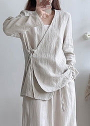 Chinese Style White V Neck Lace Up Linen Shirt Top Fall