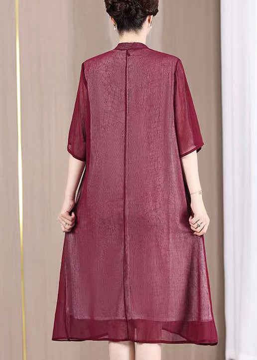 Chinese Style Wine Red Stand Collar Embroideried Patchwork Dress Summer