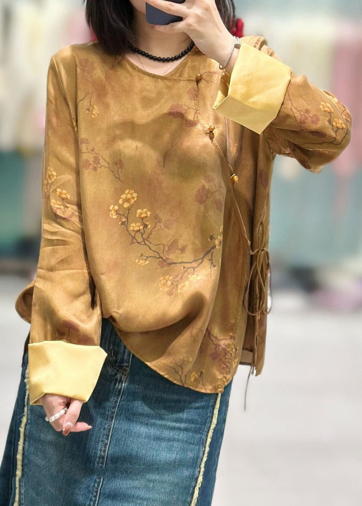 Chinese Style Yellow Button Print Lace Up  Silk Shirt Long Sleeve