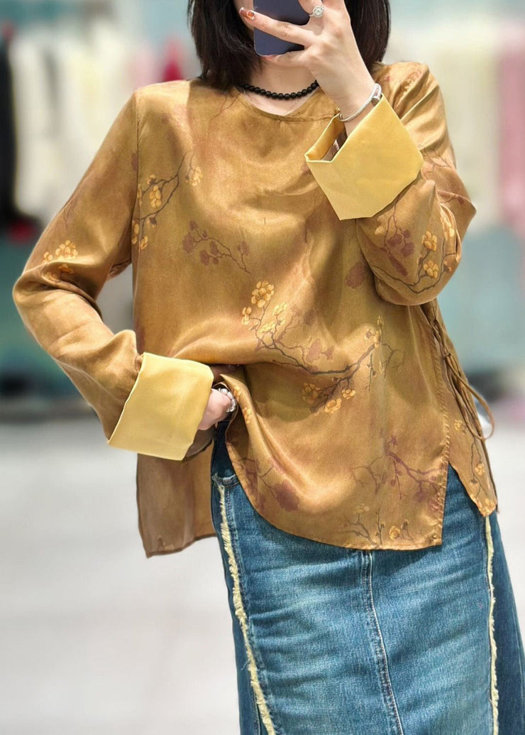 Chinese Style Yellow Button Print Lace Up  Silk Shirt Long Sleeve