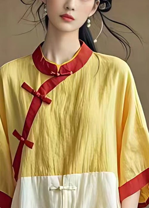 Chinese Style Yellow Button Side Open Cotton Shirt Bracelet Sleeve