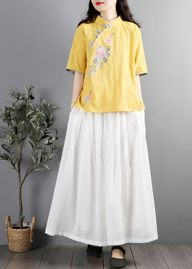 Chinese Style Yellow Embroideried Cotton Shirt Tops Summer