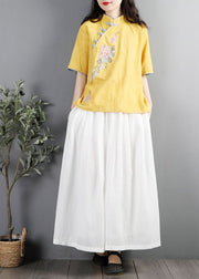 Chinese Style Yellow Embroideried Cotton Shirt Tops Summer