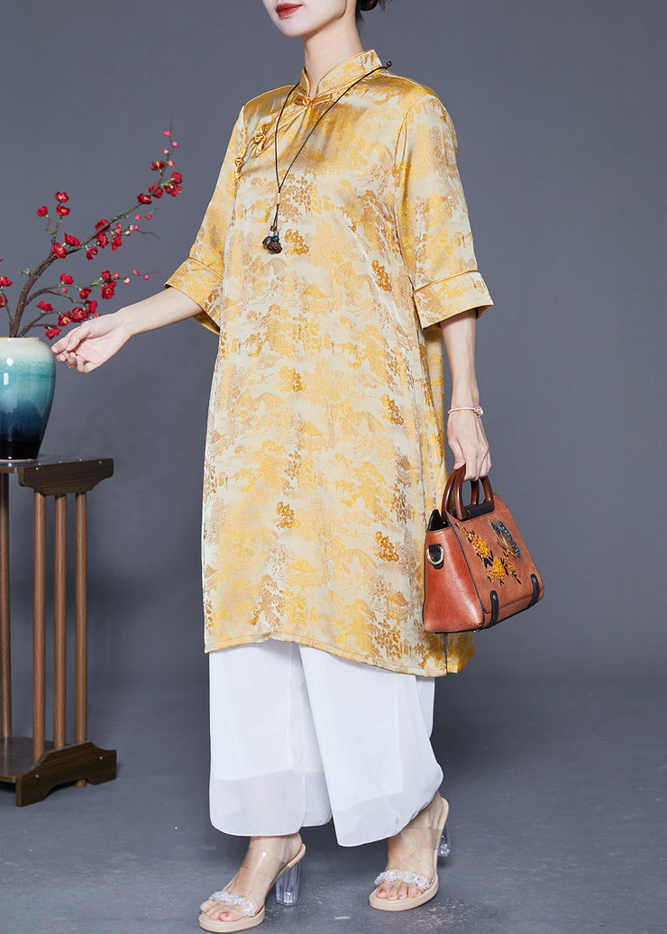 Chinese Style Yellow Jacquard Side Open Silk Dresses Summer