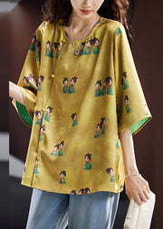 Chinese Style Yellow O-Neck Print T Shirt Fall