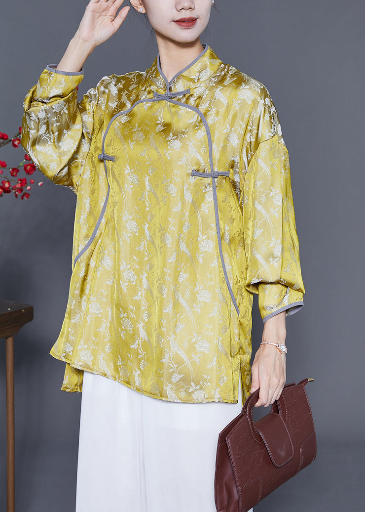 Chinese Style Yellow Print Chinese Button Silk Shirt Tops Summer