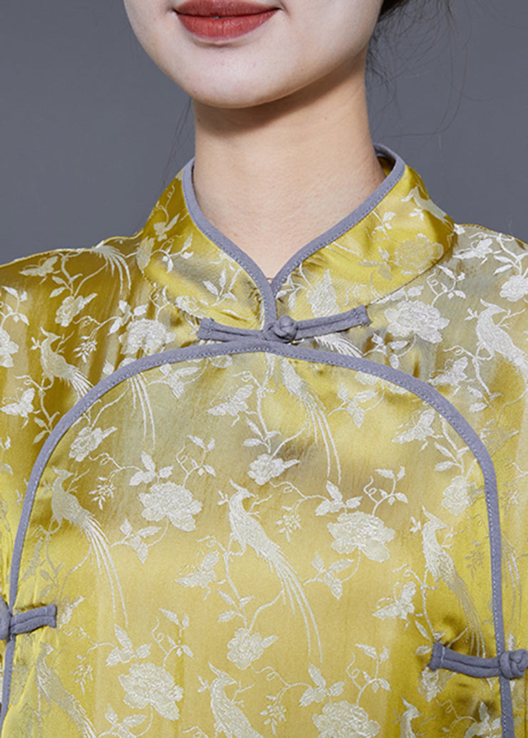 Chinese Style Yellow Print Chinese Button Silk Shirt Tops Summer