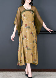 Chinese Style Yellow Print Lace Up Patchwork Silk Long Dress Summer