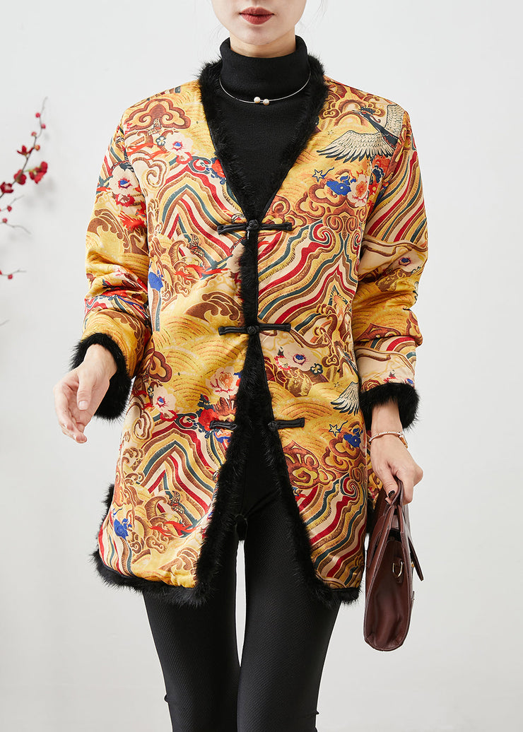 Chinese Style Yellow Print Patchwork Mink Hair Fine Cotton Filled Coats Winter