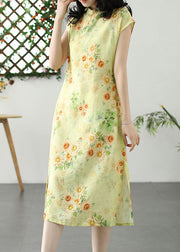 Chinese Style Yellow Print Side Open Patchwork Linen Dress Summer