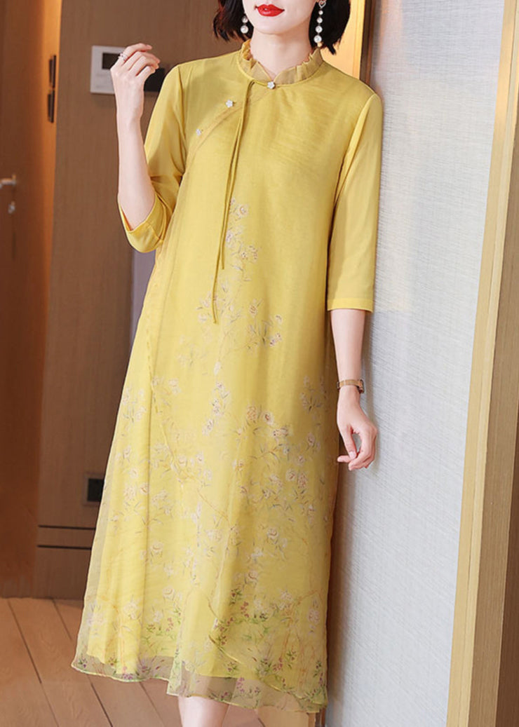 Chinese Style Yellow Ruffled Button Print Long Dress Half Sleeve