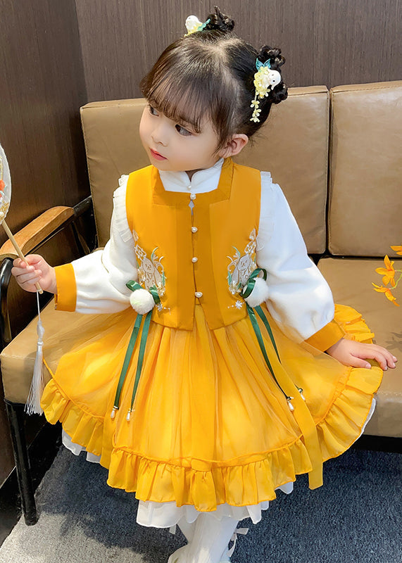 Chinese Style Yellow Ruffled Tulle Baby Girls Two Pieces Set Fall