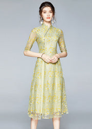 Chinese Style Yellow Stand Collar Button Patchwork Front Open Lace Dress Summer