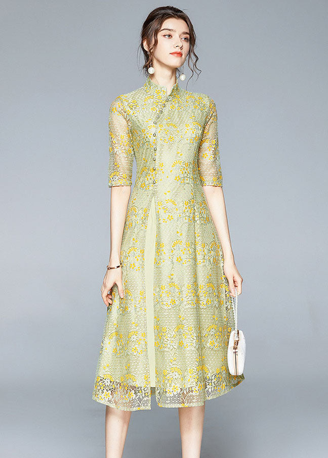 Chinese Style Yellow Stand Collar Button Patchwork Front Open Lace Dress Summer