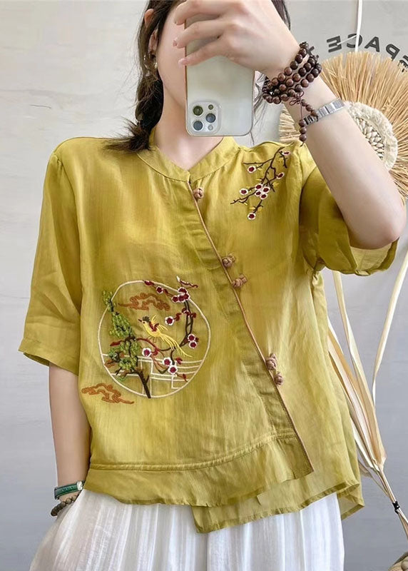 Chinese Style Yellow Stand Collar Button Patchwork Linen Top Summer