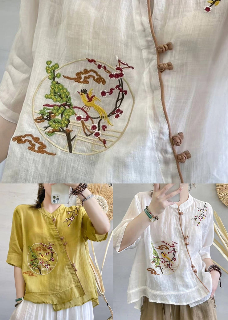 Chinese Style Yellow Stand Collar Button Patchwork Linen Top Summer