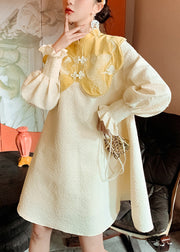 Chinese Style Yellow Stand Collar Embroideried Button Mid Dress Long Sleeve