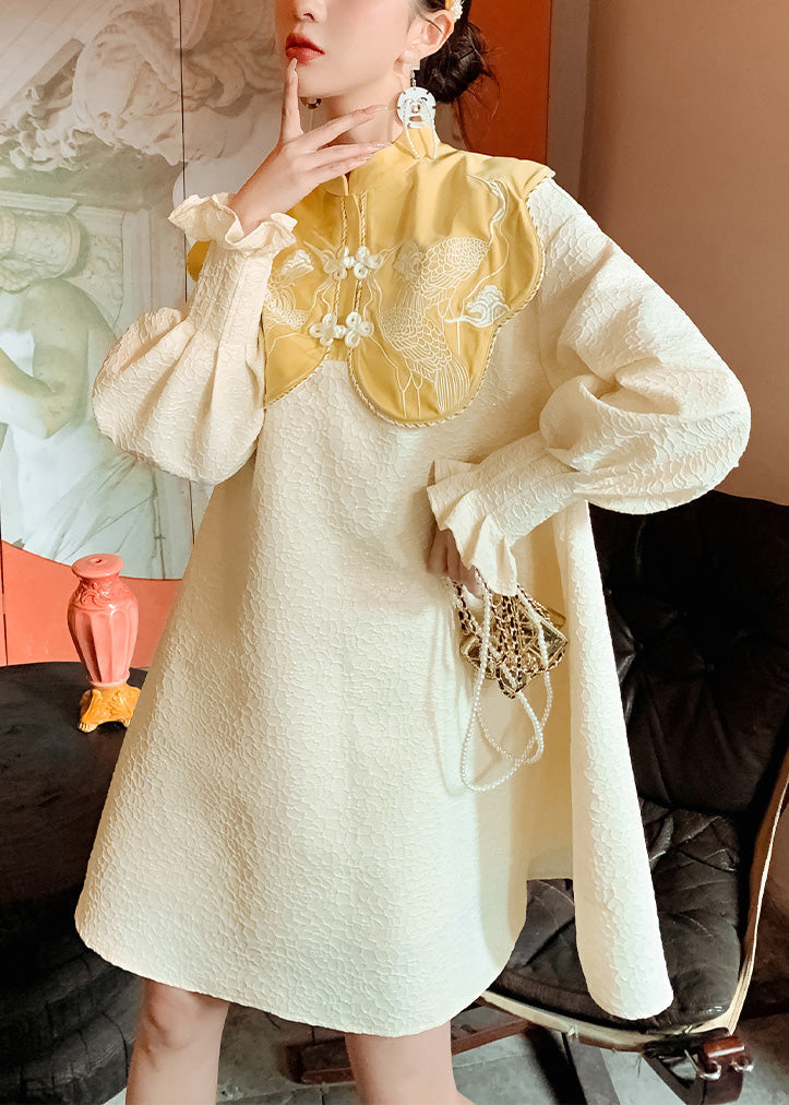 Chinese Style Yellow Stand Collar Embroideried Button Mid Dress Long Sleeve