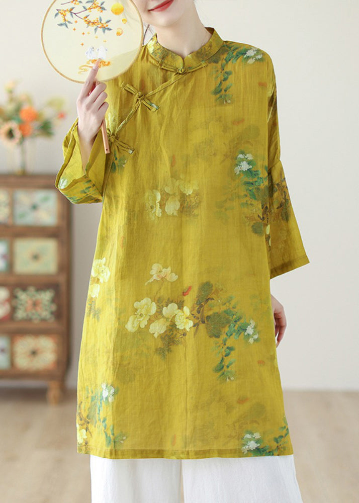 Chinese Style Yellow Stand Collar Print Button Linen Shirts Long Sleeve