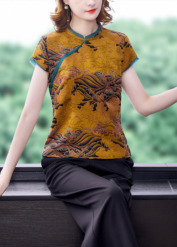 Chinese Style Yellow Stand Collar Print Silk Blouses Summer