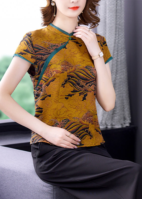 Chinese Style Yellow Stand Collar Print Silk Blouses Summer