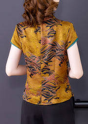 Chinese Style Yellow Stand Collar Print Silk Blouses Summer