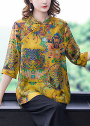 Chinese Style Yellow Stand Collar Print Silk Shirt Top Half Sleeve