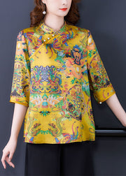 Chinese Style Yellow Stand Collar Print Silk Shirt Top Half Sleeve