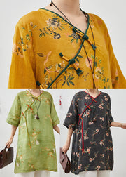 Chinese Style Yellow Tasseled Print Linen Dress Summer