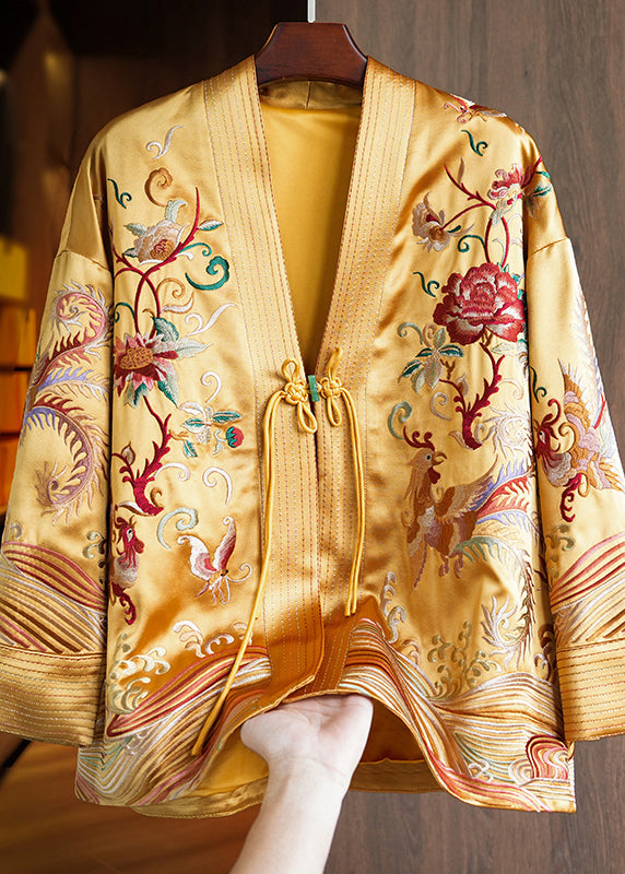 Chinese Style Yellow V Neck Embroidered Silk Short Coat Fall