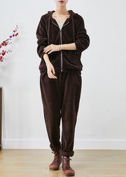 Chocolate Corduroy Sweatshirt Two Piece Set Zip Up Pockets Fall