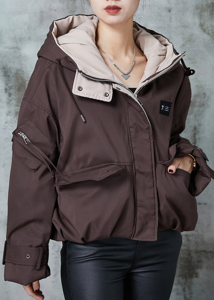 Chocolate Duck Down Puffer Jacket Hooded Zippered Winter