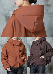 Chocolate Duck Down Puffer Jacket Hooded Zippered Winter